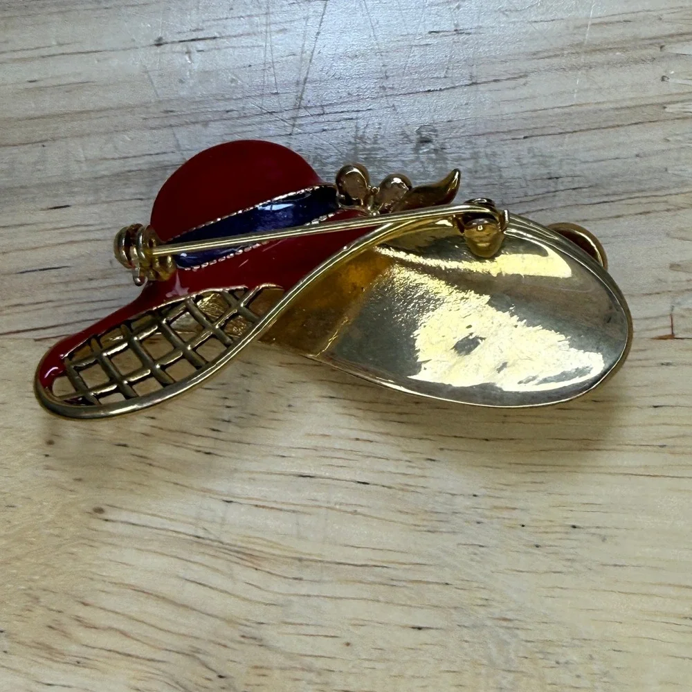 Vintage Red Hat Society Floral Enamel Rhinestone Brooch Pin Gold Tone Retro